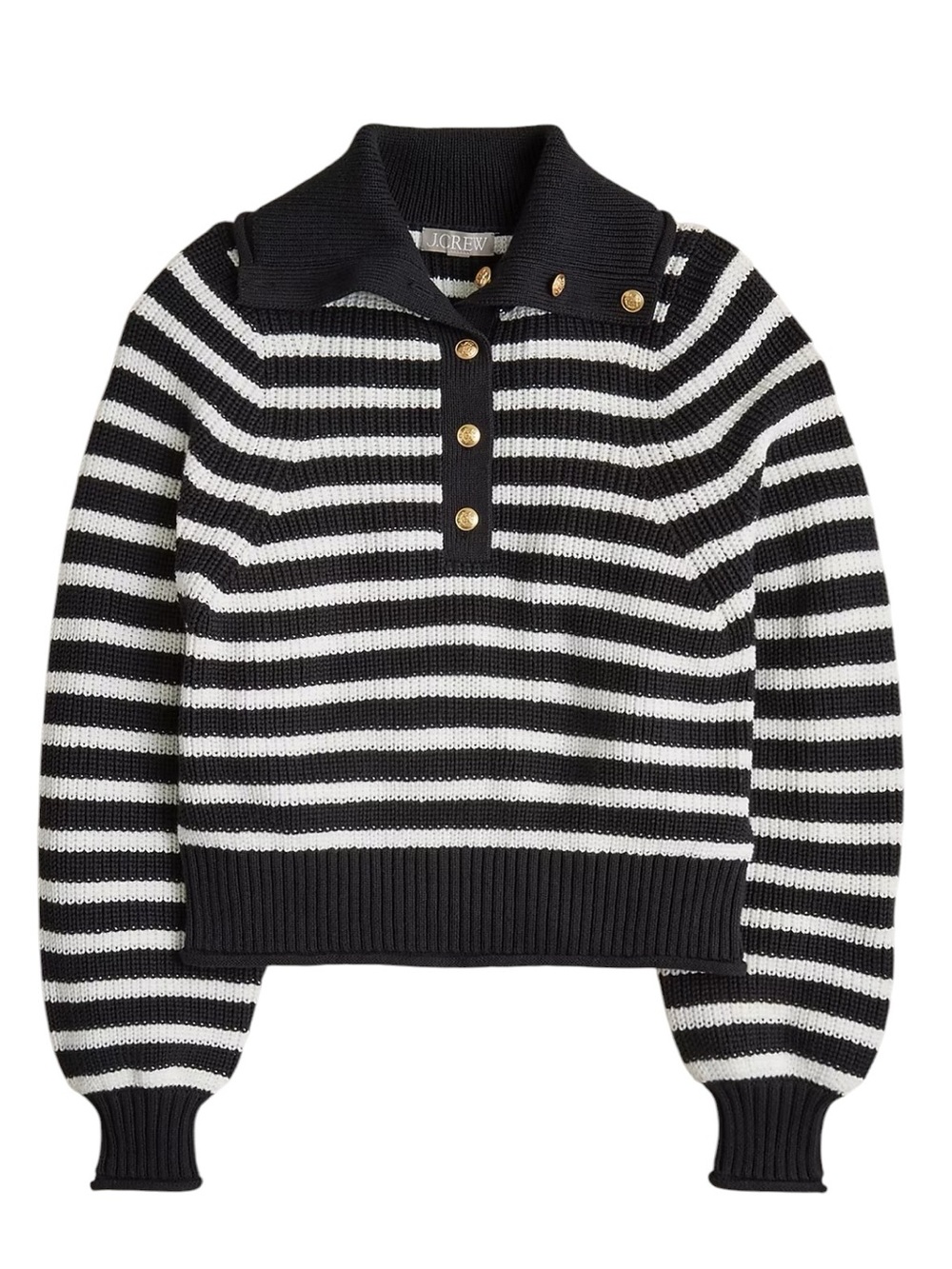 J. Crew Ribbed Cotton Button Collar Sweater Black White Stripe M Gold Buttons